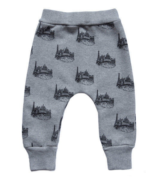 Little Kitt supsersoft cotton unisex grey marl sweatpants with Paris cityscape for babies and toddlers
